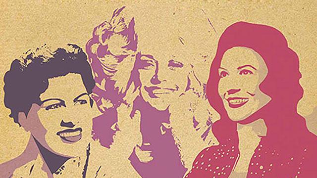 帕齐·克莱恩、洛丽塔·林恩和多莉·帕顿的粉色和紫色剪影插图